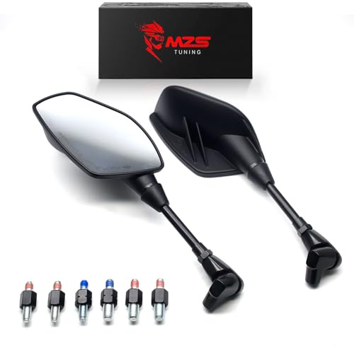 MZS Motorcycle Mirrors, Foldable 10mm 8mm Motorbike Handlebar Mirrors, Hawk-Eye Rear View Side Mirror Accessories Black Universal fit for Street Adventure Bike Electric Ebike Scooter ATV Quad