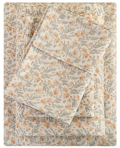 Viviland Floral Full Sheet Set - 4 Piece Vintage Light Orange Flower Patterned Bed Sheets - Soft, Breathable Microfiber Sheets with Deep Pocket, Non-Slip Fitted Sheets & Pillowcases