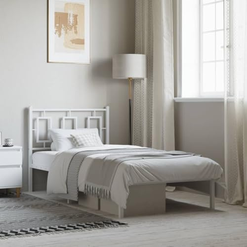 vidaXL Bettgestell, Metallbett Bett mit Kopfteil, Bettrahmen mit Lattenrost, Einzelbett Schlafzimmerbett Gästebett, Metall Weiß 90x200cm