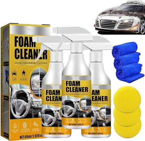 Detergente multiuso in schiuma per auto, detergente in schiuma per interni auto, detergente per tappezzeria per sedili auto, potente kit di pulizia in schiuma resistente (3 pezzi)
