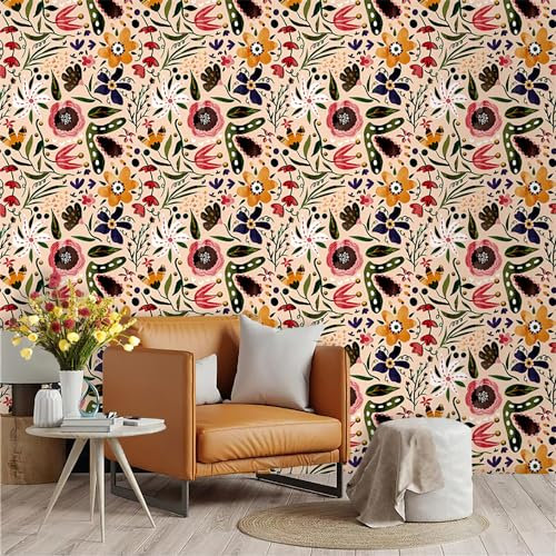 Selbstklebende Tapete Orange Blume Grün Strukturtapete Wandtattoo Schlafzimmer Tapete Selbstklebend Vliestapete Wallpaper for Living Room Tapeten Langlebig Wandschutzfolie 45x300cm