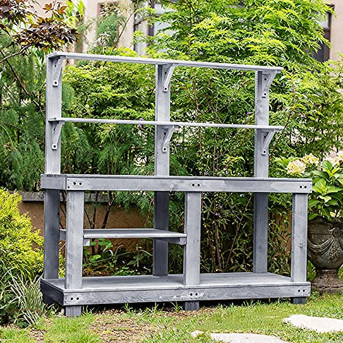 Potting Bench Work Station 4 Layer Multifunction Storage Flower Plant DIY Workstation for Patios - Wooden Outdoor Garden Bench for Courtyards and Balcony