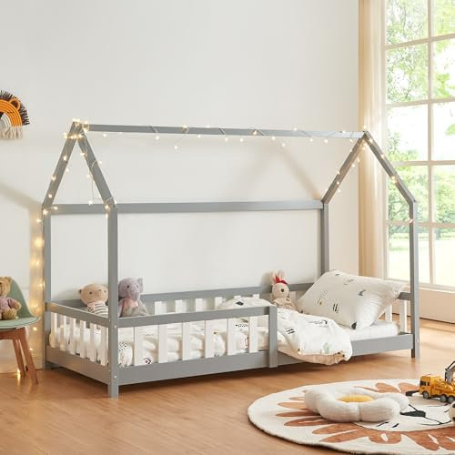 [en.casa] Hesel Children's Bed Grey 90 x 200 cm with Fall Protection and Slatted Frame Montessori Floor Bed Children's Bed Wooden Bed