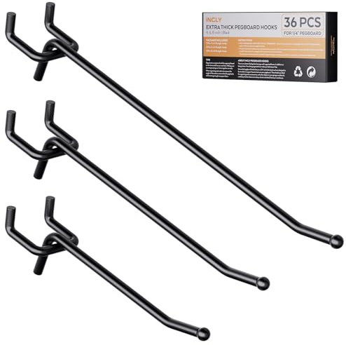 INCLY 36 Pack 4/6/8 Inch Black Pegboard Hooks, 1/4 Heavy Duty Peg Board Shelving Hooks Accessories, Peg Board Tool Hangers Fit 1/4 Pegboard for Organizing Garage, Craft Room, Kitchen, Store