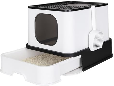 RIZZARI Caja de arena para gatos, caja plegable para gatos con cajón, caja de arena de gran capacidad con tapa, bandeja de arena de apertura superior para gatos pequeños a grandes (negro)