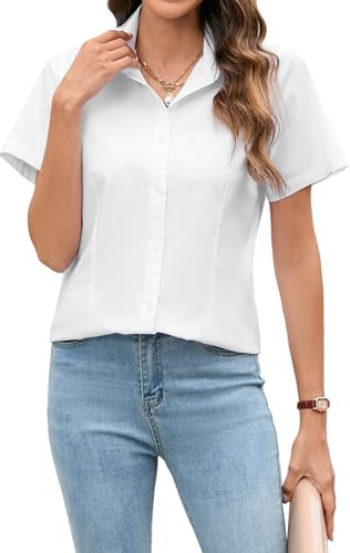 Stamain Camisa Blanca Manga Corta Mujer Formal Elegantes Casual Blusa Blanca Verano Corte Entallado Oficina 3XL