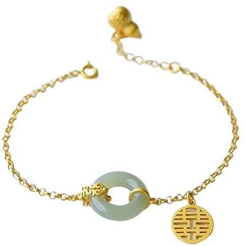 Feng Shui Armband, Feng Shui Jade Donut Armband Harmonie Schnalle Antike Münze Jade Charm Reines Silber Teile Reichtum Armband Doppeltes Glück Jade Armreif Kürbis Anhänger Chakra für Wohlstand Glück