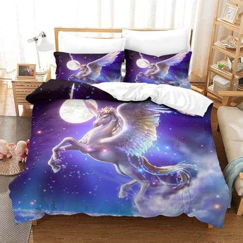 3D Gedruckt Bettwäsche Sets 3 Teilig Bettbezug-Sets Mit Kissenbezügen Soft Microfaser Luxus Modern Mit Reißverschluss Für Erwachsene Und Kinder - Pflegeleicht - Tierisches Einhorn 135X -20314364132667