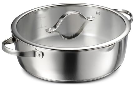Tramontina Tempo - Sartén de acero inoxidable con base de triple capa de 6 cuartos de galón con tapa de vidrio, lista para inducción, apta para horno, apta para lavavajillas