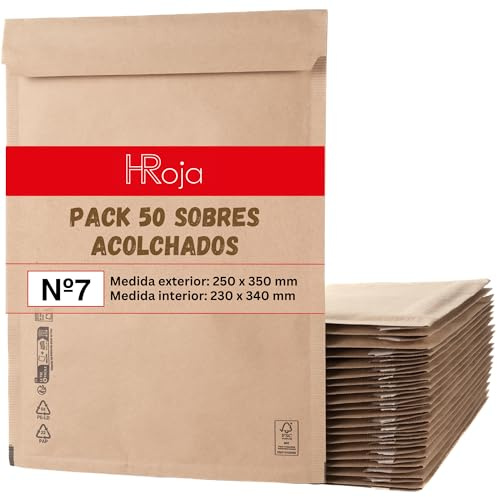 Pack de 50 Sobres Acolchados 250 x 350 mm de Papel Kraft con Burbuja Interior Antigolpes y Antimanipulación para Envíos y Paquetería Resistente y Autoadhesivo Fabricado en Europa | HRoja