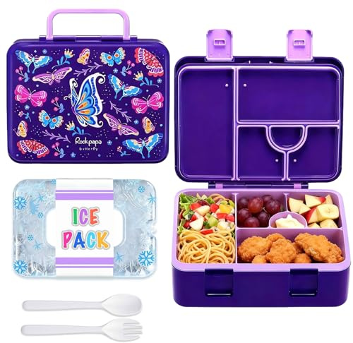 rockpapa Chill Bento Box for Kids- Large 5.5 Cups Lunch Box with Ice Pack - 5 Compartments, BPA-Free, Leak Proof, with Utensils & Portable Handle, Microwave/Dishwasher Safe (Purple Butterfly)