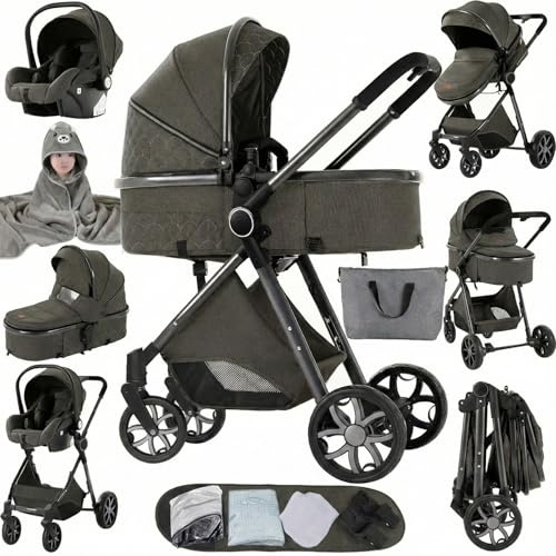 Sianldcone Kinderwagen 3 in 1, Hochwertige Stoffe Kinderwagen Set, Zwei-Wege-Schiebefunktion Reisesysteme, Offene Sicht Kombikinderwagen 3 in 1 Komplettset (V9 Deep Grey Original)