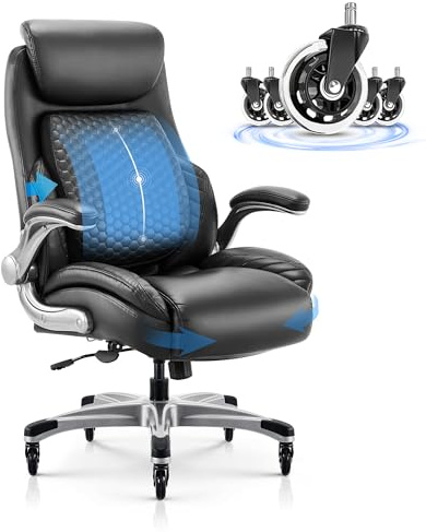 COLAMY Leder-Chefsessel mit Verstellbarer Lendenstütze & hochklappbaren Armlehnen – Ergonomischer Bürostuhl mit hoher Rückenlehne, 17cm Sitzpolsterung und 136kg Tragkraft für Homeoffice(schwarz)