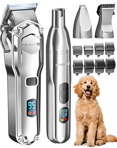 oneisall Dog Grooming Kit 4 in 1, Dog Clippers for Thick Hair with Stainless Steel Blade, Silent Shavers Cordless Pet Paw Trimmer Nail Grinders for Full-Body Grooming PC15