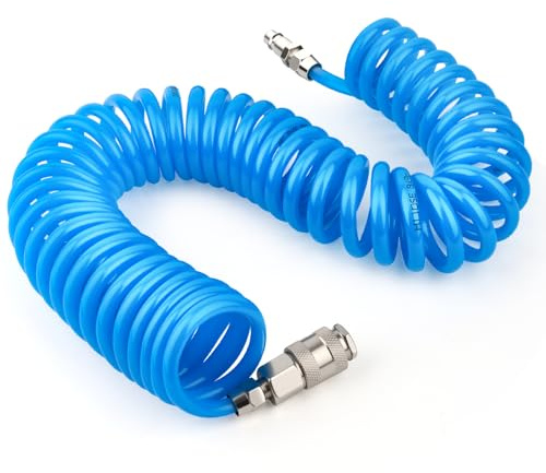 Tuyau Spiralé Air Comprimé 8M en PU (5mm x 8mm Diamètre), Tuyau compresseur d'air pneumatique avec Coupleur rapide, Accessoires compresseur d'air