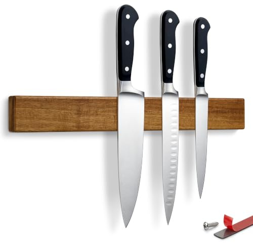 LARHN Porte-Couteaux Aimanté Néodyme - Acacia, 40 cm - Barre Aimantée | Fixation Murale Auto-adhésif sans Perçage, Vis, Bande 3M en Option & Vidéo Incluses, Tient les Couteaux les Plus Lourds