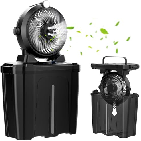 Ventilador de nebulización portátil con cubeta de 11 L y batería de 20000 mAh, ventiladores de batería recargable para patios con luz nocturna, 3 velocidades de viento y 3 ventiladores de