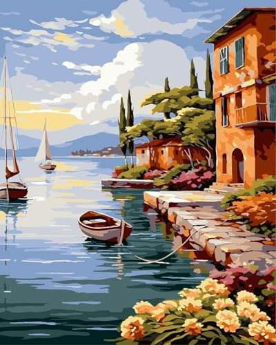 jieyisier Peinture Numero Adulte Paysage,DIY Peinture Acrylique 40x50 CM | Ville par la Mer Peinture par Numero Adulte,Débutant Peinture Numero Peintures Décoratives Murales et Cadeaux Pour la Maison