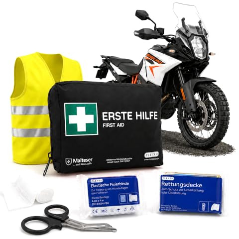 FLEXEO Borsa di primo soccorso per moto, set con contenuto secondo DIN 13167 + gilet ad alta visibilità, piccola e compatta, per moto, scooter, Vespa, bicicletta, e-bike, escursionismo, colore nero