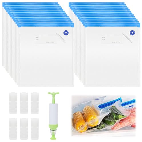 26pcs Reusable Vacuum Food Sealer Bags, Sous Vide Bags Ziplock with Pump | 30 x 34cm Sealed Freezer Bag with 6 PCS Sealing Clips, BPA Free, For Sandwich Meat Vegetables Snacks Food Storage
