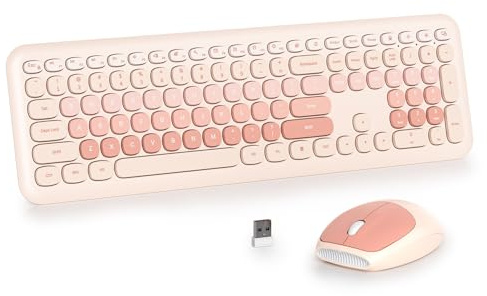 Vumilstek Cute Beige Quiet Keyboard and Mouse Wireless, Full Size Silent Keyboard Cute Typewriter American QWERTY 2.4G Cordless Round Keys for Office Home Dorm PC/Laptop/Desktop(Diary Milk Tea)