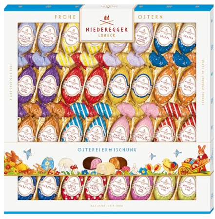 Niederegger | Ostereiermischung | 1x 400g | Ostereier mit verschiedenen Marzipan-, Nougat- & Pralinenfüllungen | Umhüllt von Zartbitter-, Vollmilch- & Weißer-Schokolade | Ostergeschenk