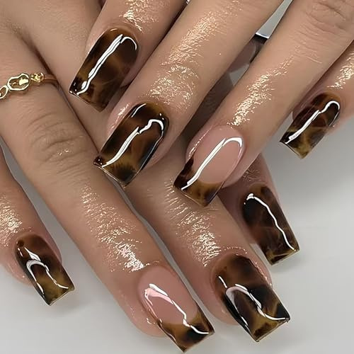24pcs Leopard Print False Nails - French Tip Press on Nails - Brown Stick on nails French Tip - Elegant Acrylic Fake Nails with Glue - Medium Square Glue on nails for Women Girls DIY Manicure
