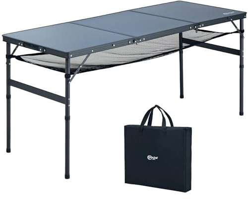 Portal Faltbarer Campingtisch 150x60cm Höhenverstellbar Robuster Klapptisch mit Tragegriff & Ablagenetz Platzsparender 3-Fach Falttisch inkl. Tasche Ideal für Garten, Party, BBQ & Outdoor