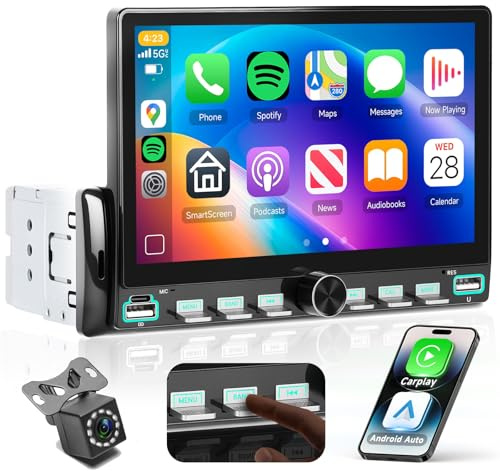 VECHTEL Radio Coche 7 1 DIN con carplay inalámbrico Android Auto, Radio FM con Blurtooth,Sistema de navegación,2 USB/SD/AUX,con Teclas de Piano,vídeo Online, Mirror Link,con cámara de Marcha atrás