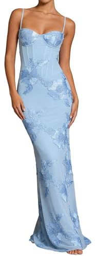 Abito da sera da donna, lungo, per ospite nuziale, abito da festa, abito avvolgente, con spalline sottili, elegante, per feste, balli, in pizzo floreale, jacquard, per damigella d'onore