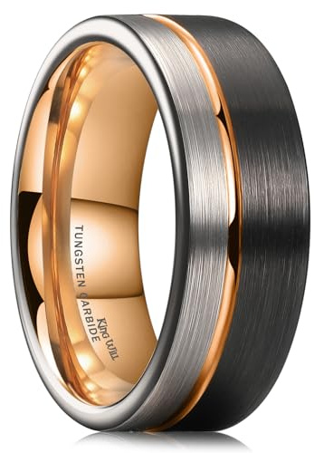 King Will Loop Tungsten Carbide Wedding Band 6mm 8mm Rose Gold Line Ring Black and Silver Brushed Flat/Beveled Edges Comfort Fit