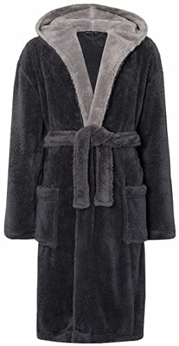 MICHAEL PAUL Men's Hooded Soft Snuggle Fleece Dressing Gown (Large, Grey/Grey)
