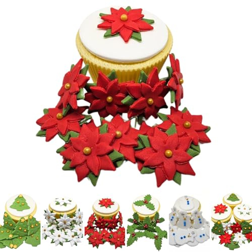 12 X Poinsettia - Edible Christmas Cake Cupcake Topper Decorations - Quality Handmade Sugar Paste Cake Decorations * 11 Designs To Choose From* - Red Poinsettia