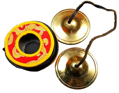 Gandhanra Conjunto de Campanas de platillos de meditación Tibetanas - Platillos Tingshas Tibetanos - Hecho a Mano en Nepal - campanas - Latón Astamangal 6.5cm