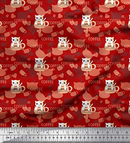 Soimoi Rot Baumwolle Batist Stoff Herz, Kaffeetasse & Katze Kinder Stoff Meterware 56 Zoll breit