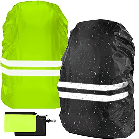 Flintronic Waterproof Backpack Cover, 2 Pack Reflective Rucksack Cover, High Visibility for Cycling, Running & Hiking (M 30-40L, Black & Green)