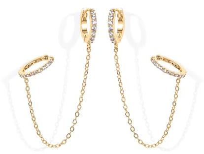 PAVOI 14K Gold Chain Earrings for Women | Double Piercing Dangle Chain Huggie Hoop Earrings | Cubic Zirconia Pearl Stud Ear Cuff Earrings for Women