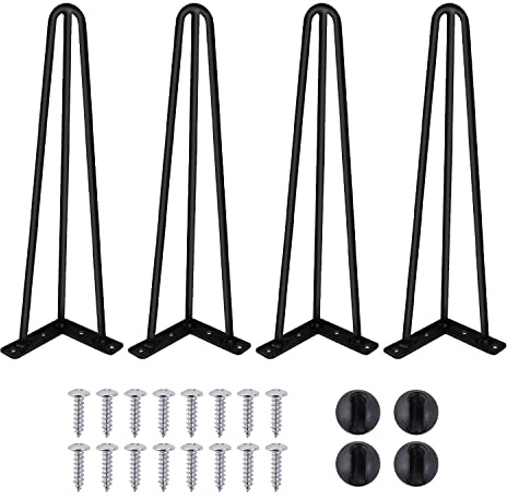 3 Rod 16 Inches Furniture Hairpin Legs Heavy Duty Sturdy 10mm Diameter Thickness Table Legs Industrial Style Coffee Table Hair Pin Leg DIY Black Hardware with Rubber Floor Protectors & Screws