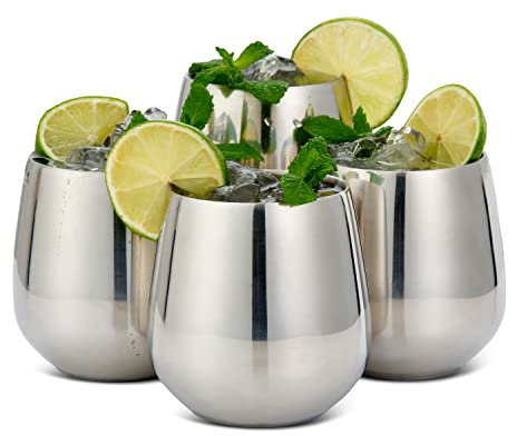 Oak & Steel - 4 Elegantes Copas de Acero Inoxidable mas Pajitas - Juego de Copas Gin Tonic - Set Regalo Original para Bodas, Fiestas y Celebraciones
