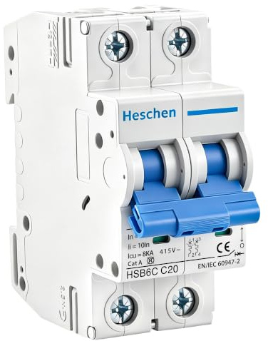 Heschen Disjoncteur miniature HSB6C, courant 20 A, 2 pôles, type C, capacité de coupure 6 kA, montage sur rail DIN