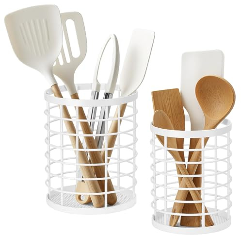 Lonian Utensil Holder Set of 2 (Large & Medium), White Metal Cooking Utensil Organizer Caddy, Countertop Holder with Draining Bottom Net for Kitchen Cookware, Cutlery, and Coffee Pods