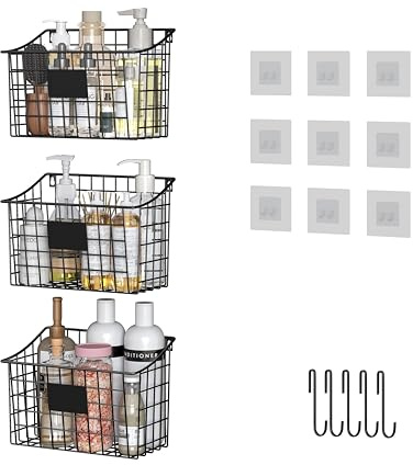 Wall Mounted Bin Basket with 5 Hooks 3 Label Plate Adhesive-3 Pack, Cabinet Hanging Metal Wire Basket,Rustic Farmhouse Decor, Storage Organization Shelf for Pantry Kitchen Bathroom 10.6*7.5*5.1inch