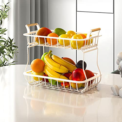 GTAGGEE 2 Tier Fruit Storage Basket for Kitchen Countertop, Bread and Vegetable Stand, Detachable Metal Rectangular Wire Basket, White