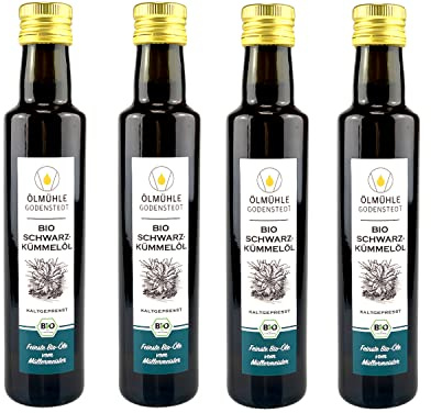 Bio Schwarzkümmelöl 1 Liter (4x 250ml) gefiltert | 1. Kaltpressung | ägyptische Nigella Sativa Saat | direkt aus der Ölmühle Godenstedt