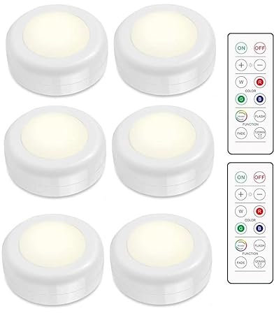 INF Batería LED Spot RGB con control remoto, luz nocturna LED de 16 colores, luces de gabinete que funcionan con batería, iluminación de escalera regulable, 6 piezas