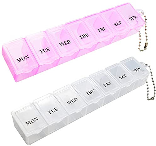 2 Stück Pillendose, tragbarer Pillen-Organizer Reise-Tabletten-Box 7 Tage Tablet-Organizer mit Fächern für Medikamente, Nahrungsergänzungsmittel, Vitamine und Lebertran (Rosa und Weiß)
