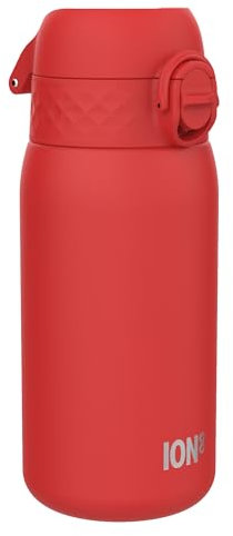 Ion8 Gourde Enfant, Inox Léger, 400ml, Non Isolé, Anti-Fuite, Facile à Ouvrir, Verrouillage Sécurisé, Lavable au Lave-Vaisselle, Poignée de Transport, Acier Inoxydable, Rouge