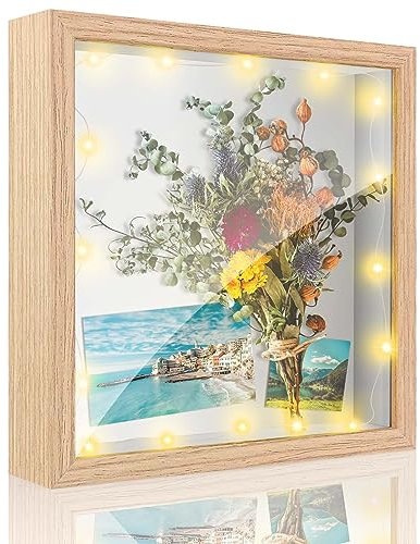 Brmeday 3D Bilderrahmen zum Befüllen 20 x 20cm, Bilderrahmen Tief für Objekte bis 3cm, 3D Rahmen mit Licht und Plexiglas für Geburtstag Hochzeitsstrauß Abitur Geschenk(Holzfarbe)