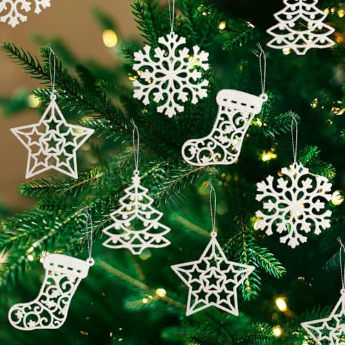 40 Stück Schneeflocken Weihnachten Deko, Weihnachtsbaumschmuck 4 Arten, Schneeflocke,Weihnachtsbäume,Strümpfe,Sterne,Glitter Schneeflocken Anhänger für Weihnachtsdeko Fensterdeko Weihnachtsbaum Deko