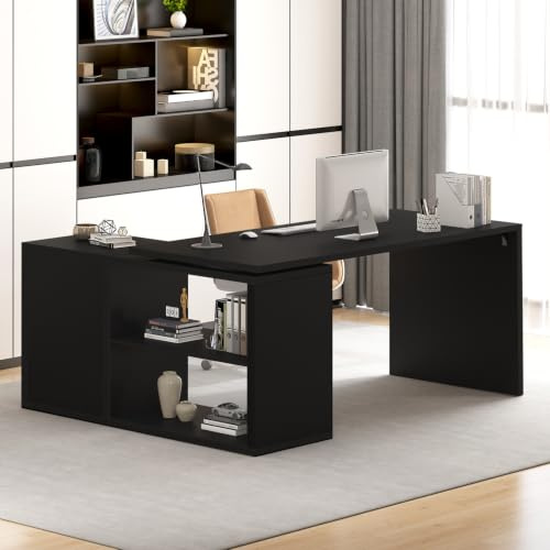 HSH Schreibtisch L Form Modern Eckschreibtisch mit Stauraum Computertisch für Wohnzimmer Bürotisch PC Tisch Holz Design Workstation für Arbeit Studium Schwarz 140 cm